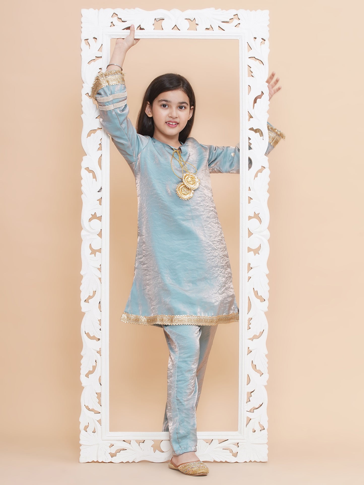 Girls Icy Blue Tissue Kurta And Pants Co-Ord Set
