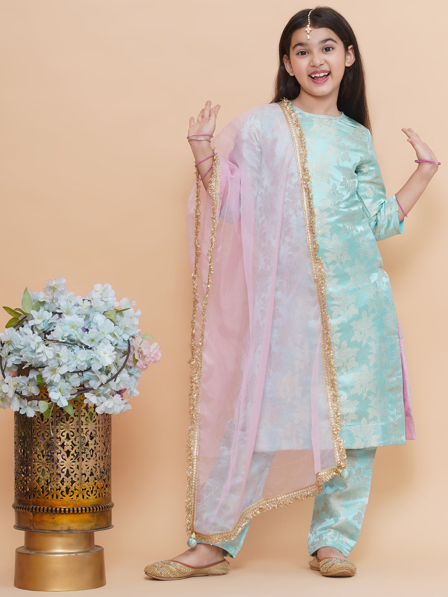 Girls Icy Aqua Brocade Silk Kurta And Pants Set With Dupatta