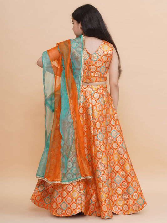 Girls Orange Brocade Silk Scalloped Lehenga Set With Organza Dupatta