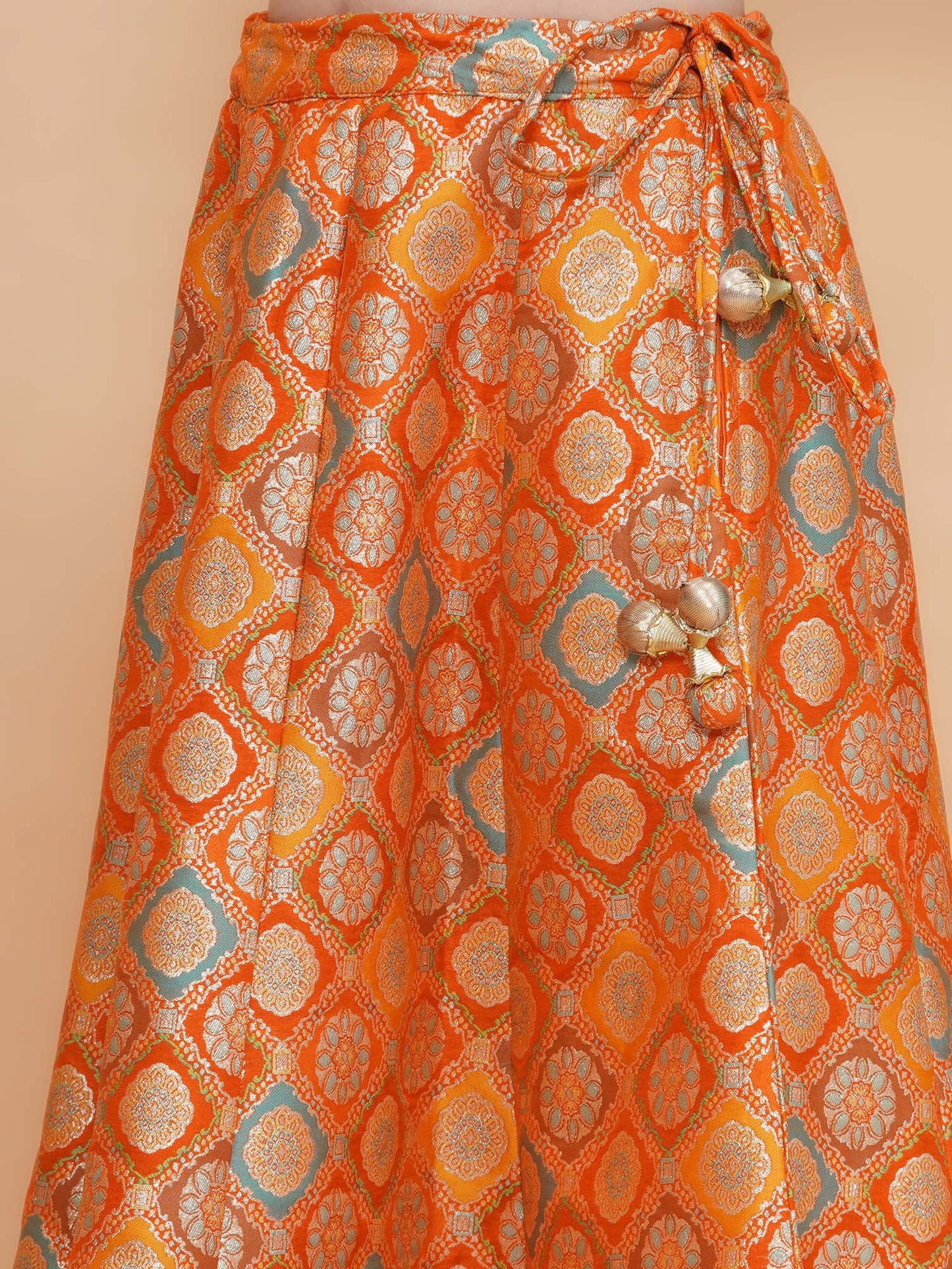 Girls Orange Brocade Silk Scalloped Lehenga Set With Organza Dupatta