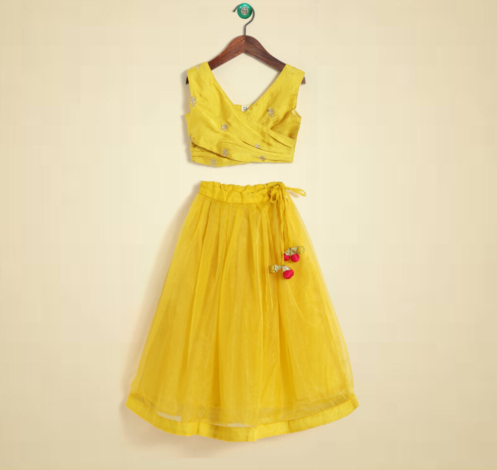Girls Yellow Floral Mukaish Embroidery Wrap Bouse and Lehenga Set