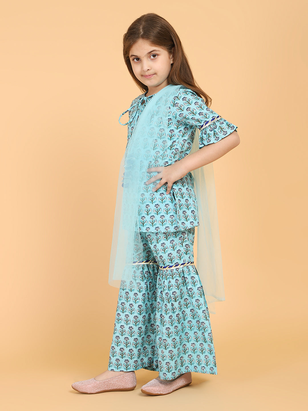 Piccolo - Floral Print One shoulder Kurti & Palazzo Set With Dupatta - Blue