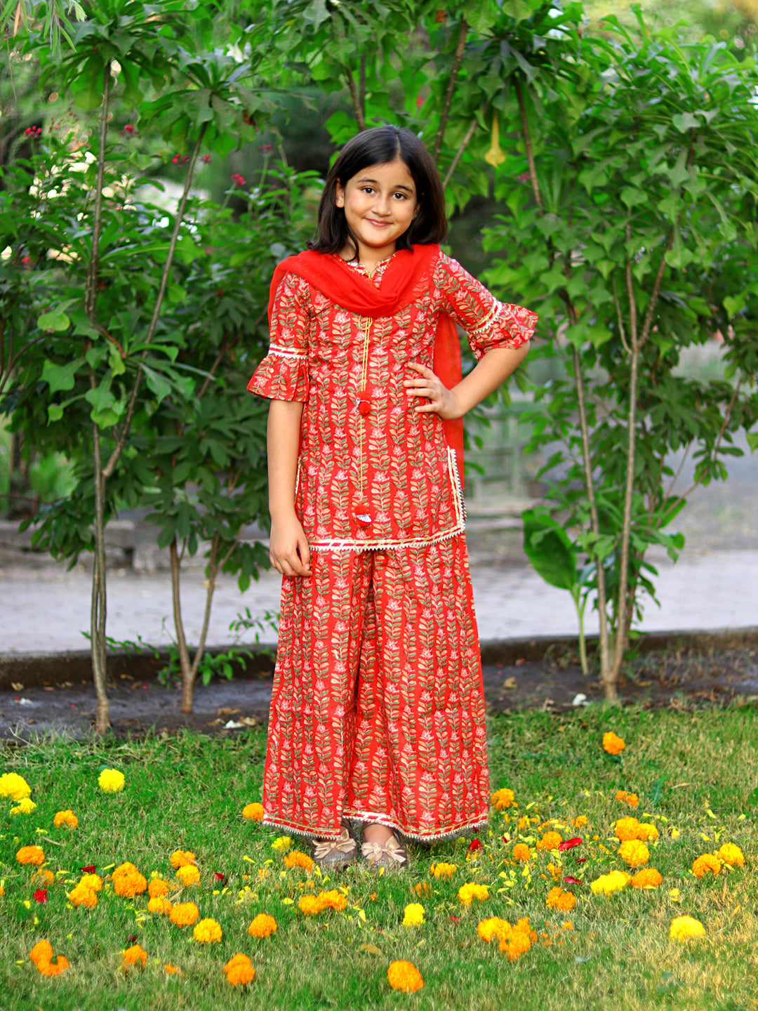 Girls Red Floral Kurta And Sharara Set With Dupatta
