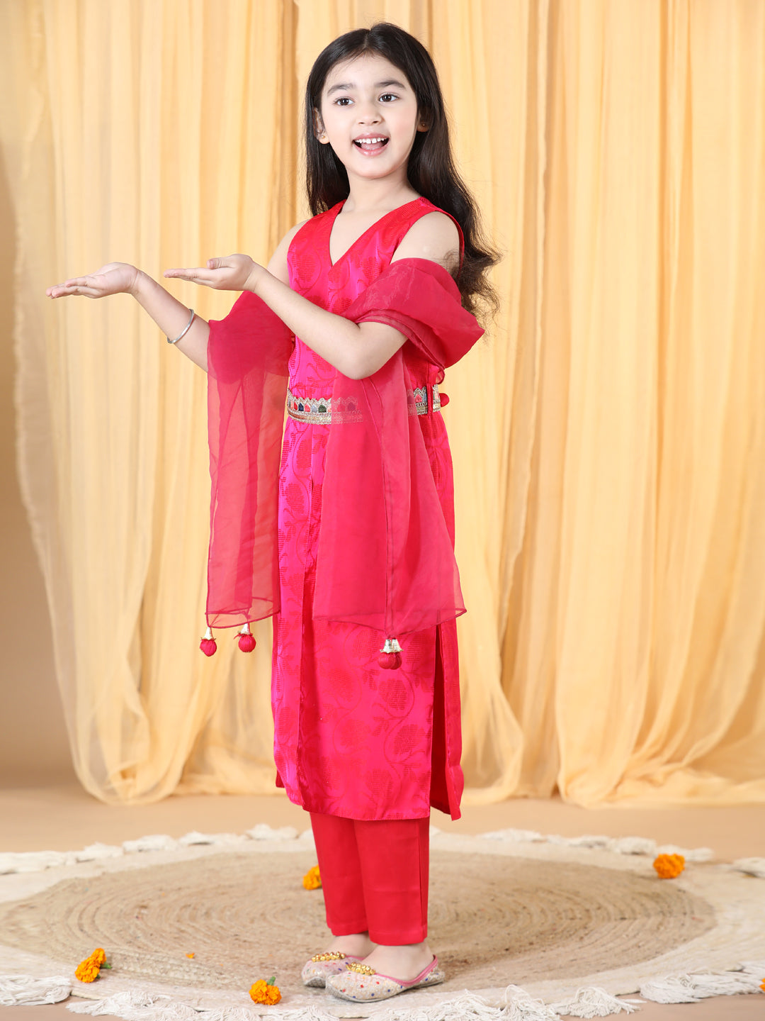 Girls Pink Empire Silk Crepe Kurta with Trousers & With Dupatta