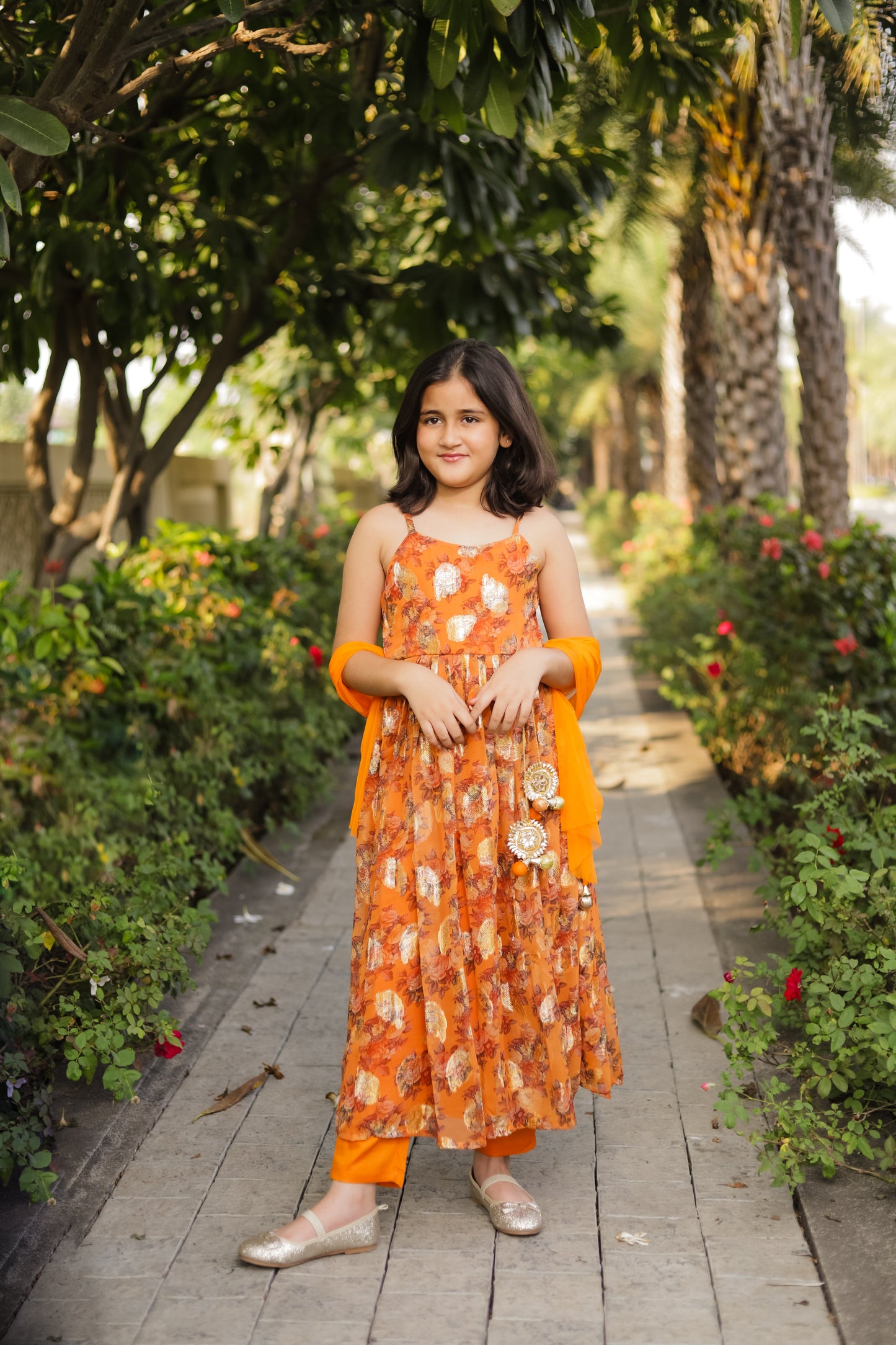 Girls Orange Floral Kurta And Pants Set With Dupatta