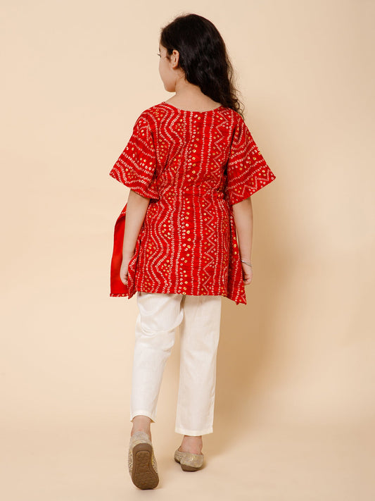 Piccolo-Bandhni Kaftan With Pants-Red & Cream