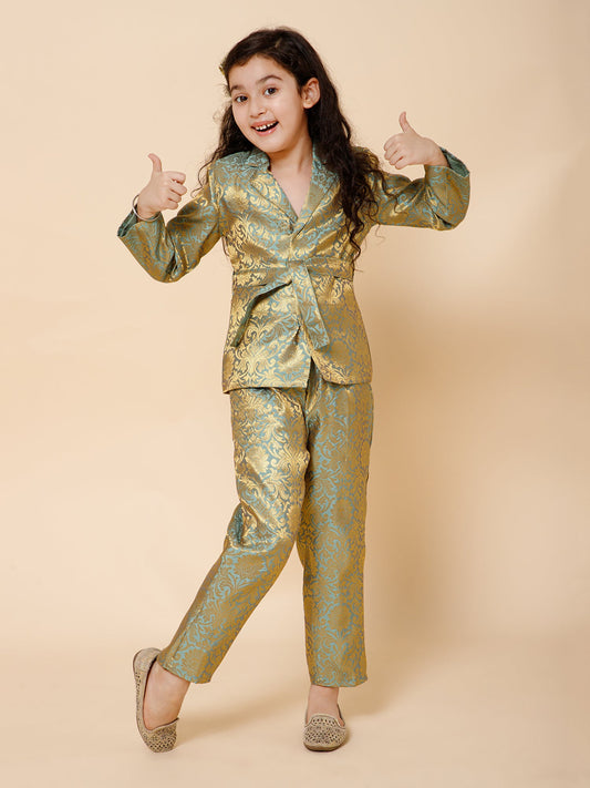 Piccolo-Silk Blazer And Pant Set With Belt-Gold