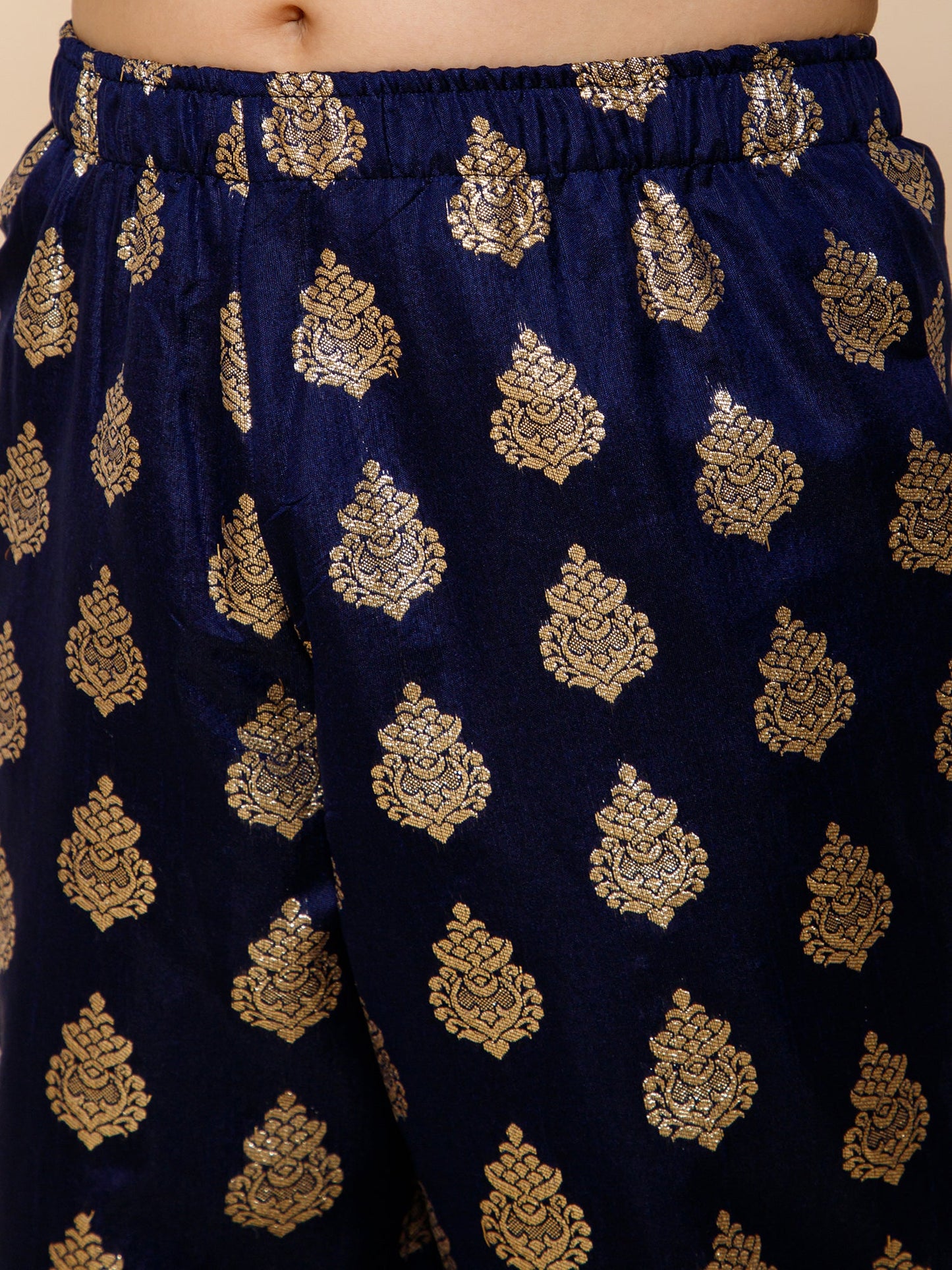 Girls Navy Blue Velvet Kurta, Brocade Pants And Organza Dupatta Set