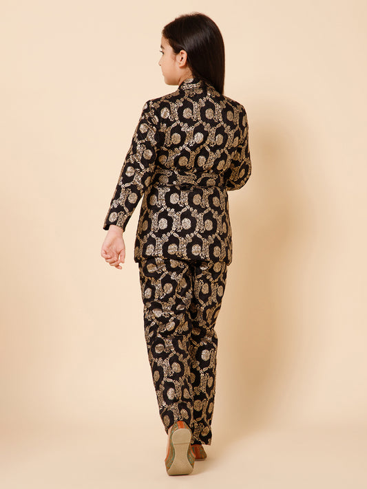 Girls Paisley Jacquard Silk Black and Gold Blazer Co-Ord Set