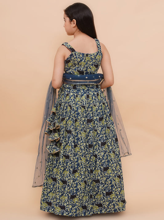 Girls Blue Floral Motif Cambric Cotton Lehenga Set With Dupatta