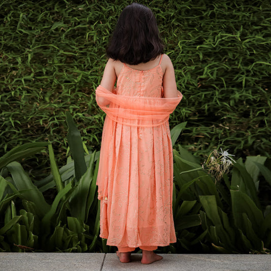 Peach Colored Mukesh Work Kurta Pants With Net Duptta - Set