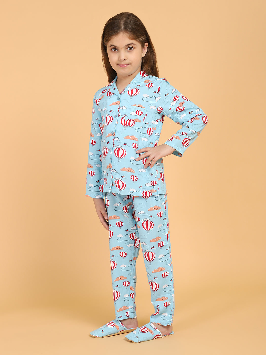 Blue Full Sleeves Parachute Printed Top and Pyjama Set