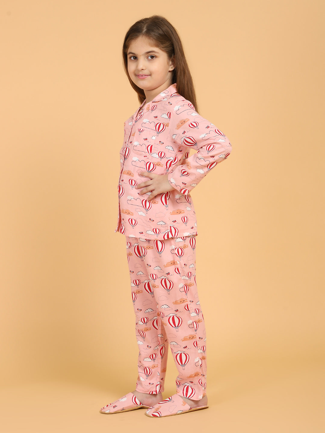 Peach Full Sleeves Parachute Printed Top and Pyjama Set
