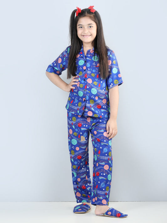 Printed Night Suit With Slip Ons Blue