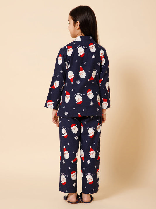 Piccolo-Santa Printed Night Suit With Slip Ons- Navy blue