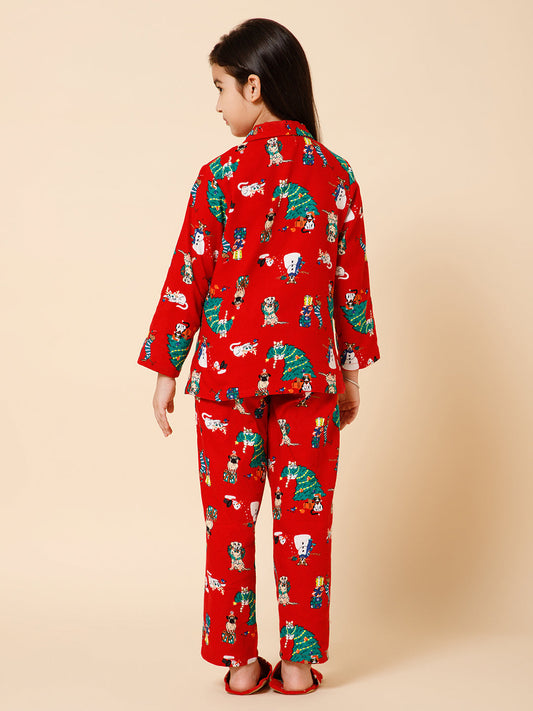Piccolo-Christmas Tree Printed Night Suit With Slip Ons- Red