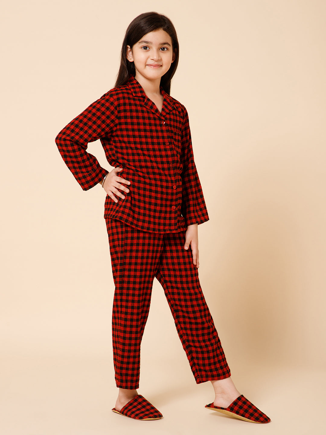 Piccolo-Printed Night Suit With Slip Ons- Red & Black