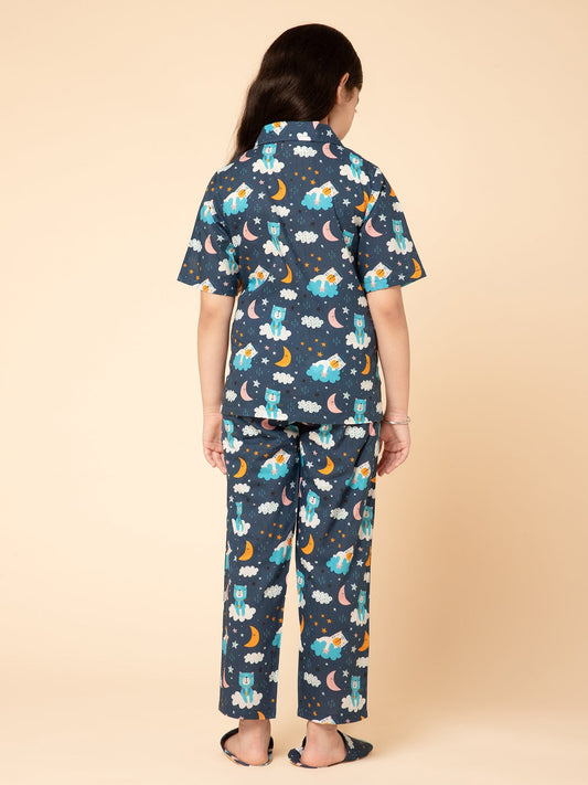 blue Half Sleeves Printed Night Shirt with Pyjama & Slipper