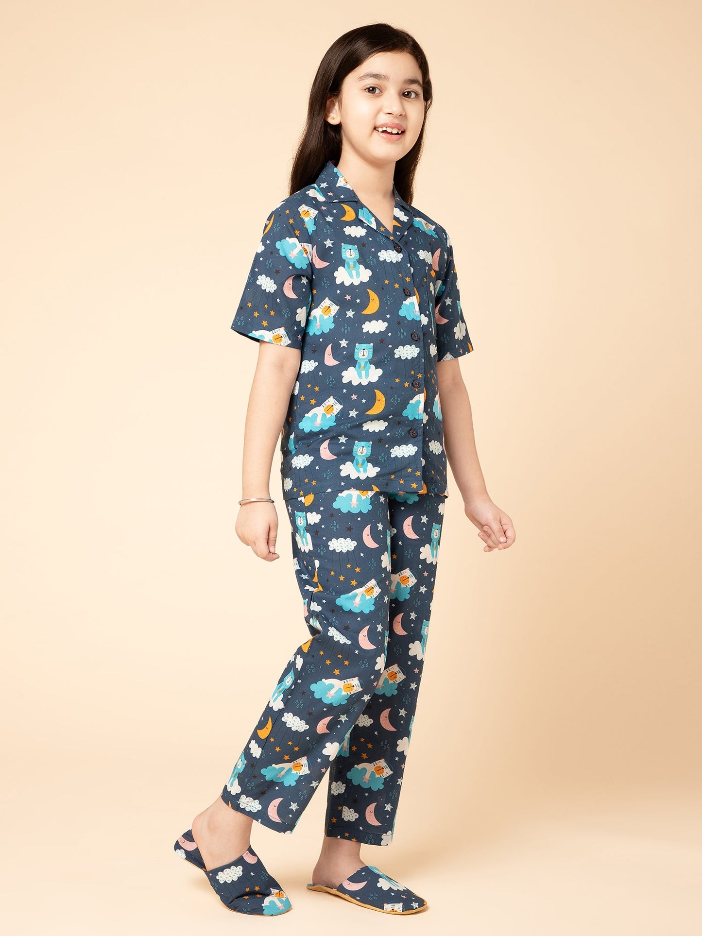 blue Half Sleeves Printed Night Shirt with Pyjama & Slipper
