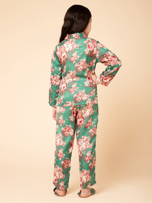 Satin Floral Print Night Suit Green