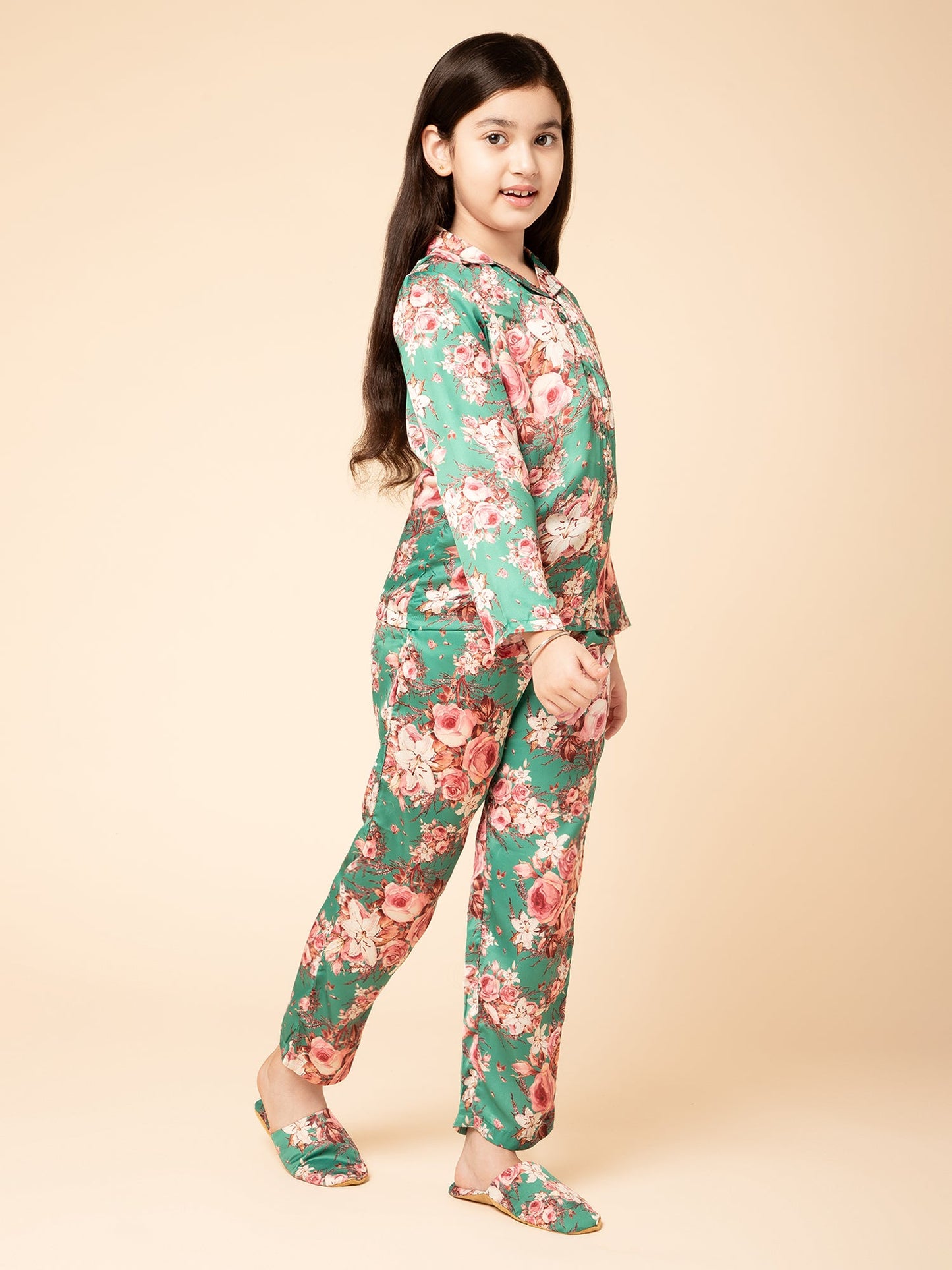 Satin Floral Print Night Suit Green