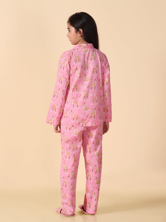 Girls Pink Reindeer Printed Pyjama Set with Slip Ons