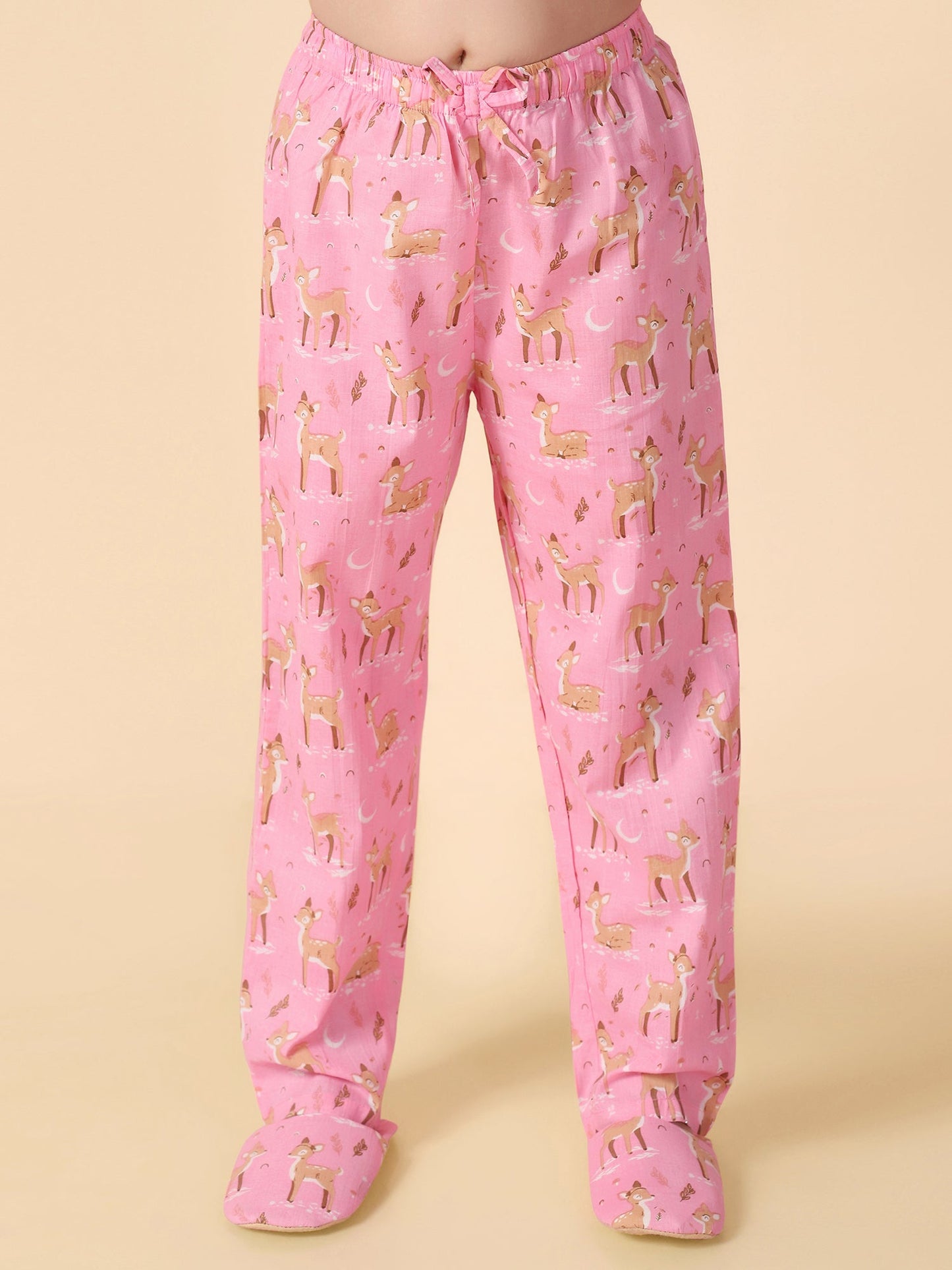Girls Pink Reindeer Printed Pyjama Set with Slip Ons