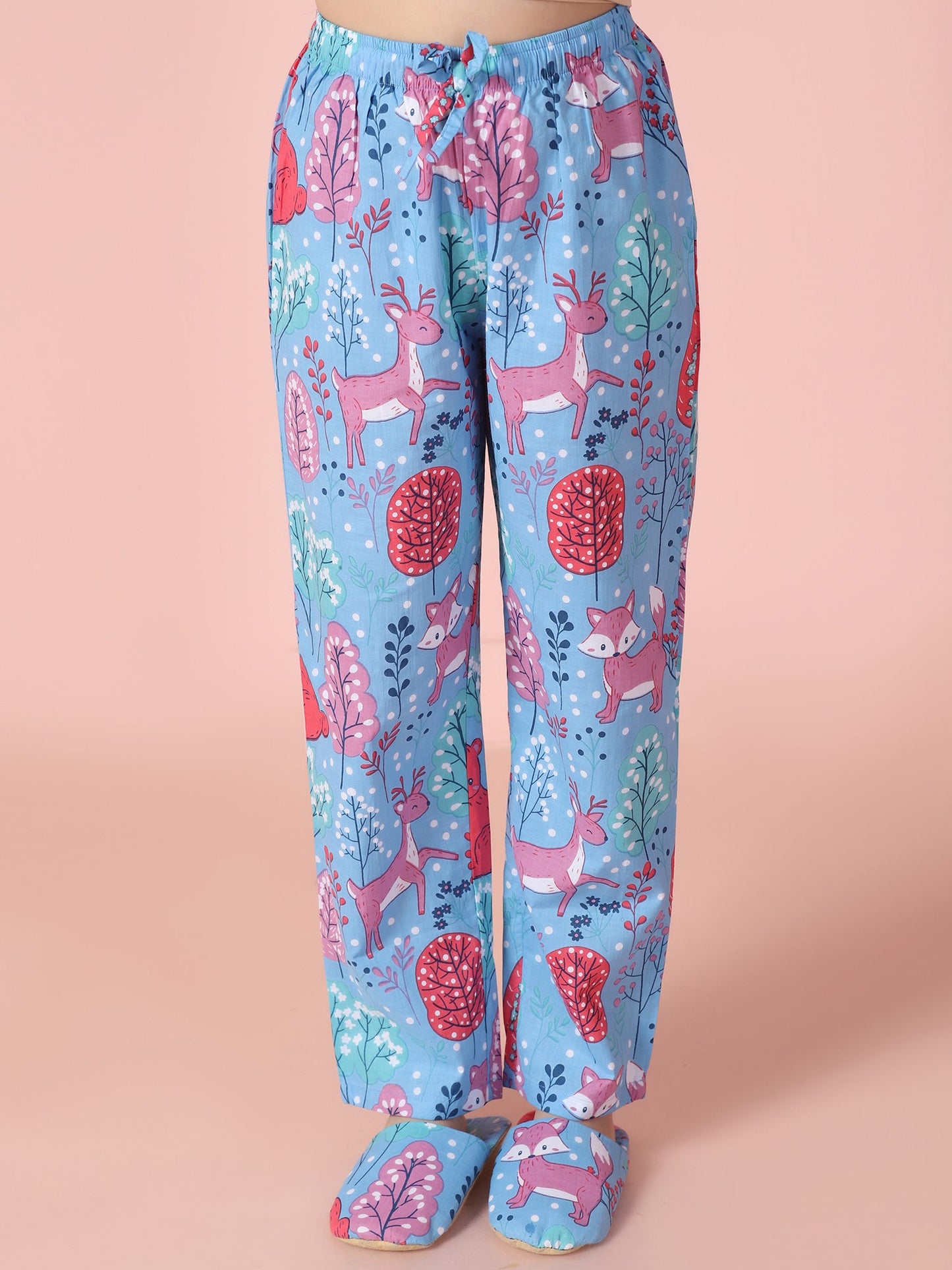 Girls Pure Cotton Printed Blue Shirt and Pyjama Set With Slip Ons