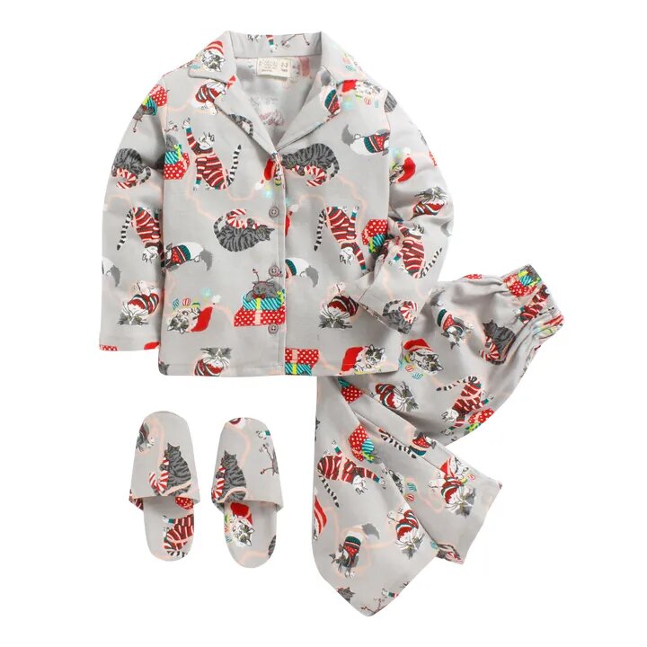 Gray Animal Cat Print Shirt and Pyjama Set