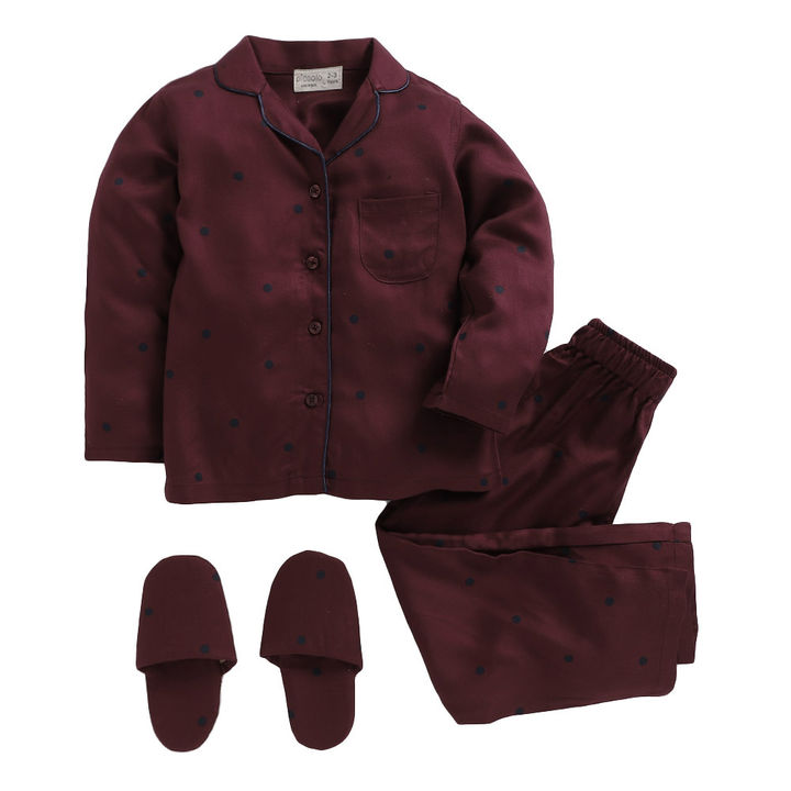 Girls Maroon Twill Full Sleeves Pyjama Set With Slip Ons
