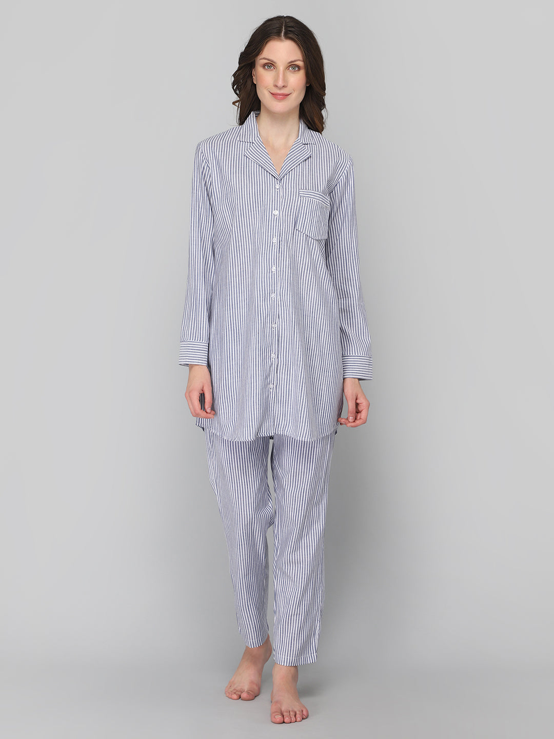 DRAPE IN VOGUE Women Grey &amp; White Striped Night Suit