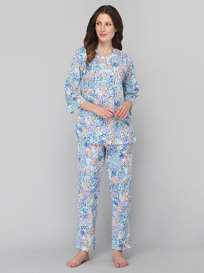DRAPE IN VOGUE Women Blue & White Printed Night Suit