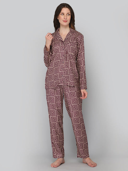 DRAPE IN VOGUE Women Maroon & Beige Printed Night suit