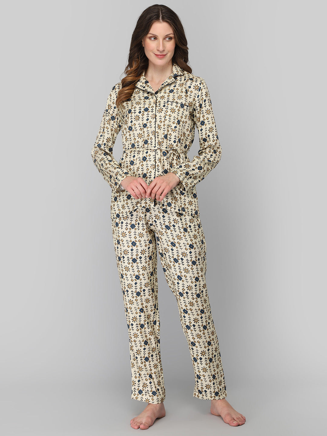 DRAPE IN VOGUE Women Cream-Coloured &amp; Navy Blue Printed Night suit