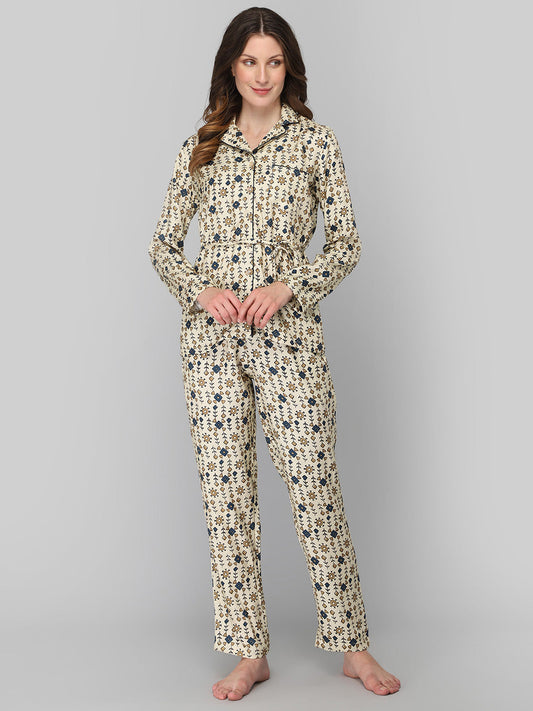 DRAPE IN VOGUE Women Cream-Coloured & Navy Blue Printed Night suit