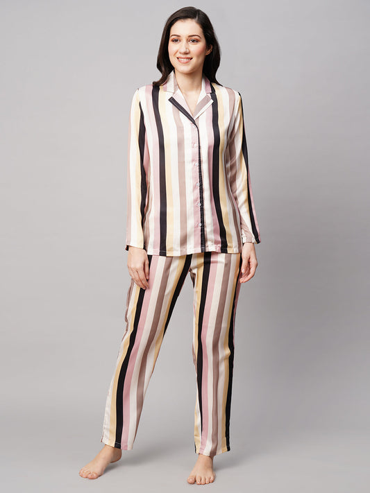 Women 2 Pieces Striped Satin Night suit
