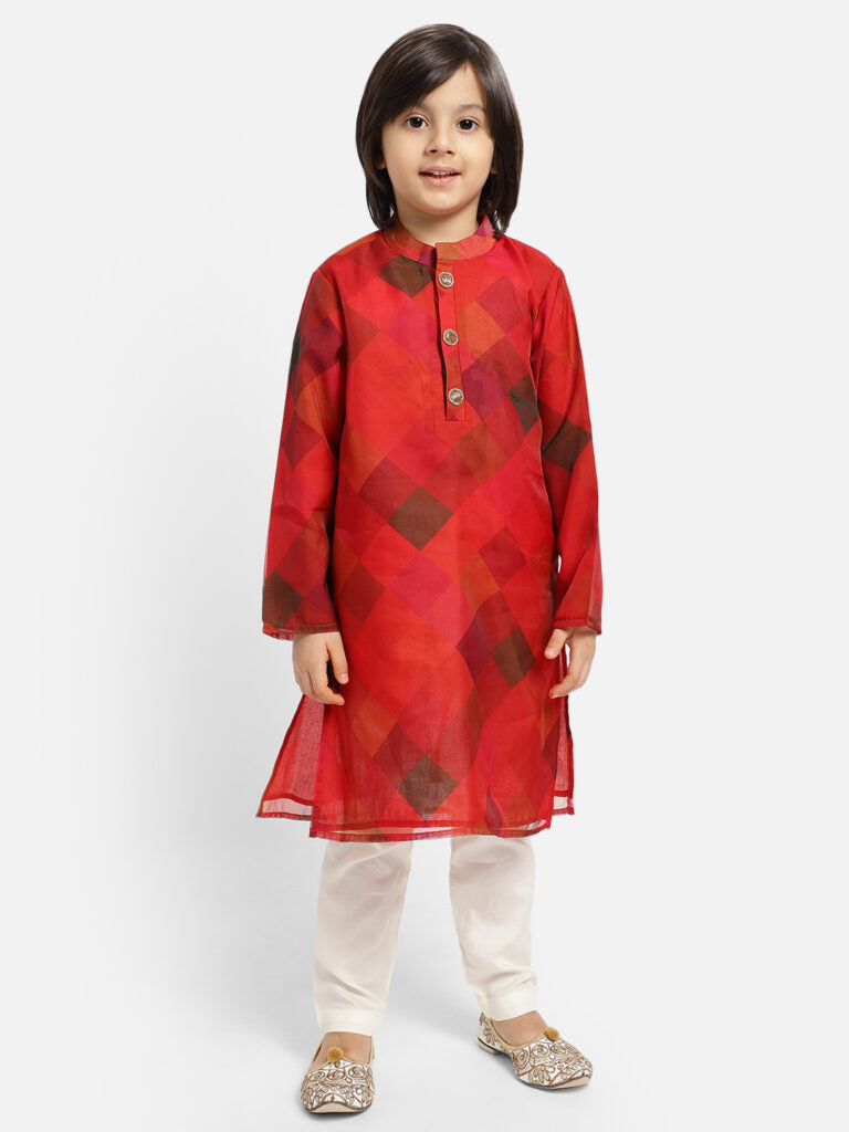 Red Bias Checks Print Kurta With White Payjama Set