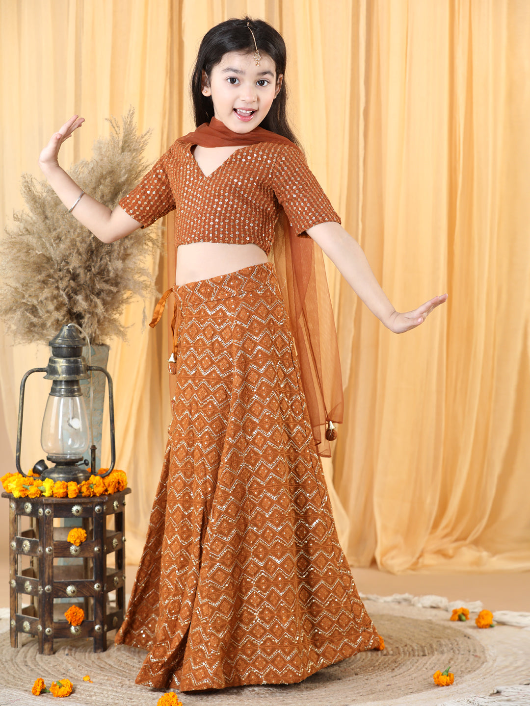 Piccolo-Brown Chikankari lehenga Set With Net Dupatta