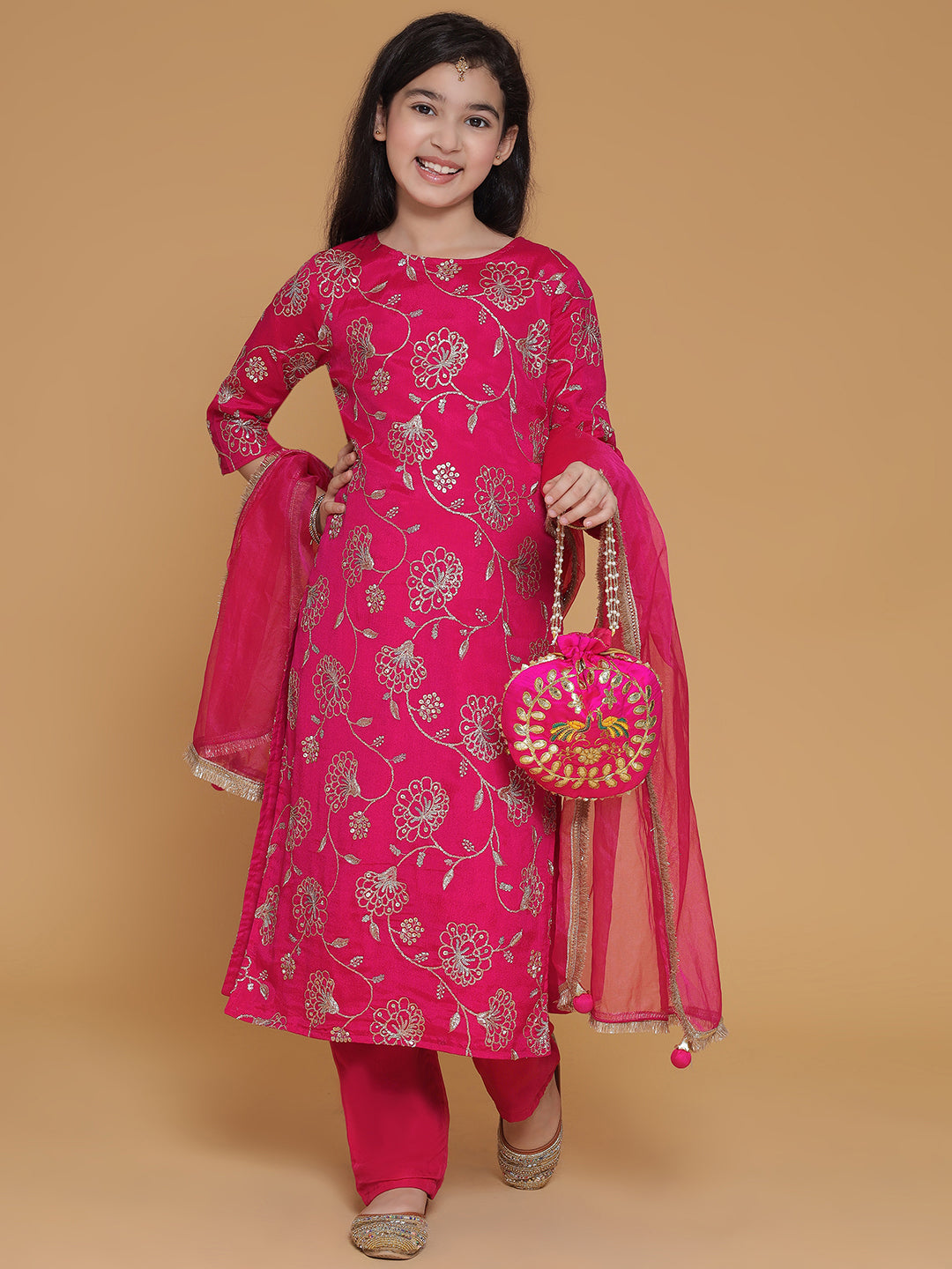 Pink Sequin Embroidered Kurta Pant with Organza Dupatta