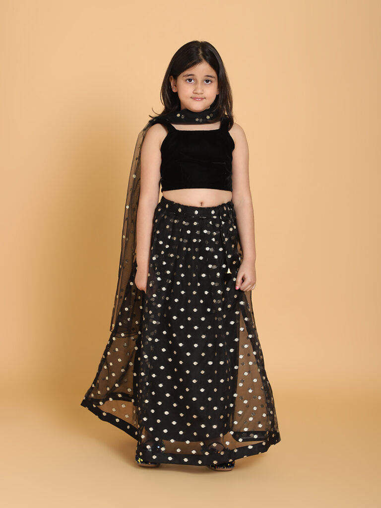 Piccolo - Black Velvet Choli &amp; Lehenga Set With Dupatta - Black