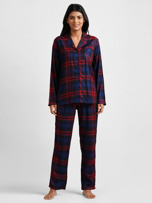 Women Red &amp; Blue Checked Night suit