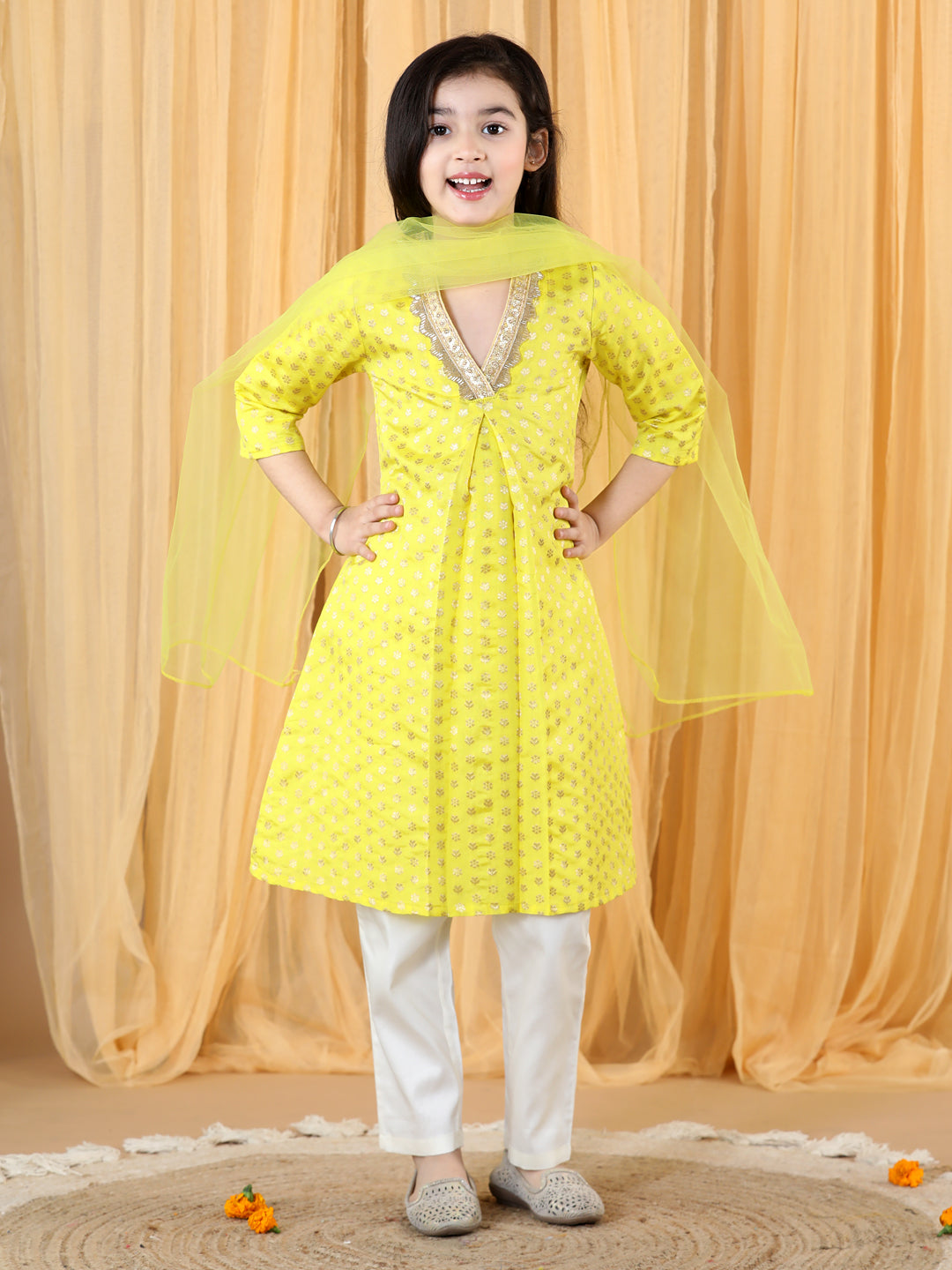 Silk Brocade Kurta with Pant and Dupatta Yellow (Set of 3)