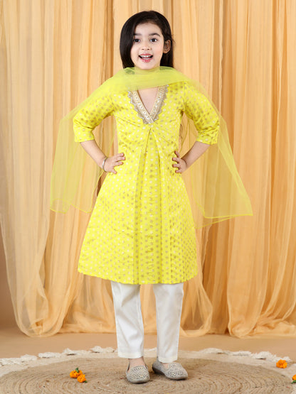 Silk Brocade Kurta with Pant and Dupatta Yellow (Set of 3)