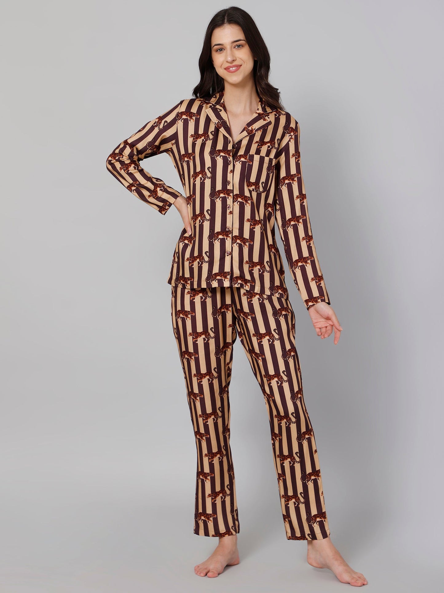 Women Brown & Beige Striped Night suit