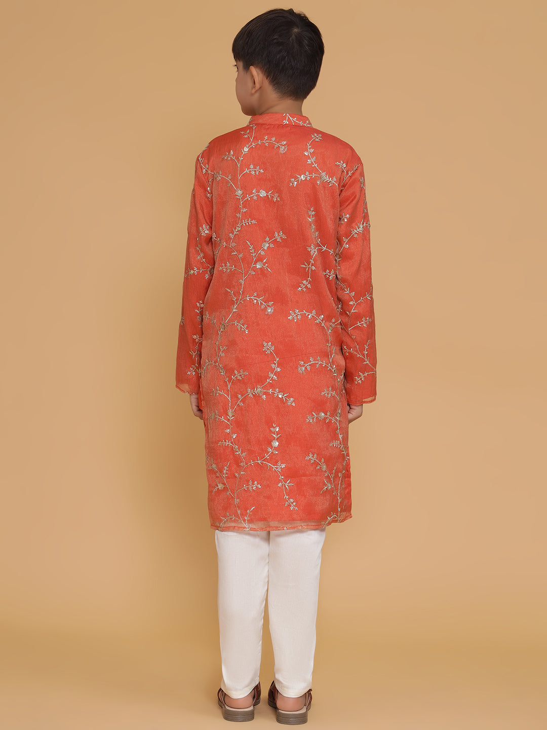 Boys Orange Organza Embroidered Kurta And Pyjama Set