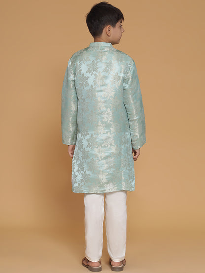 Boys Silk Floral Printed Ethnic Mandarin Collar Kurta With Trousers