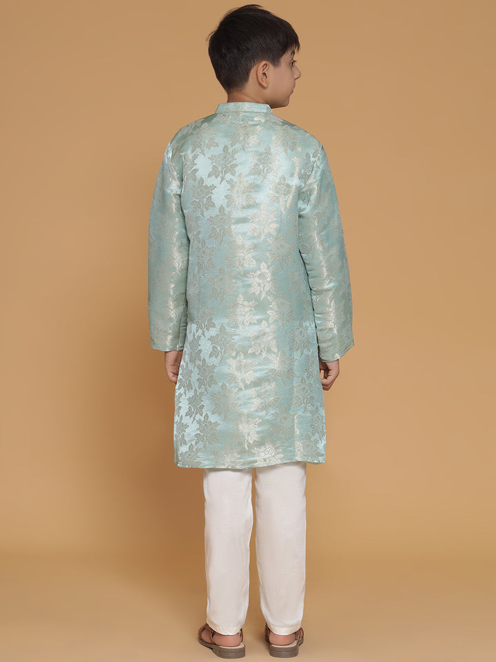 Boys Blue Jacquard Silk Floral Mandarin Collar Kurta With Trousers
