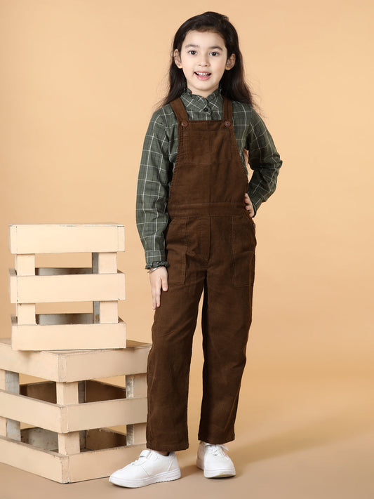 Girls Checked Top with Corduroy Dungaree Set