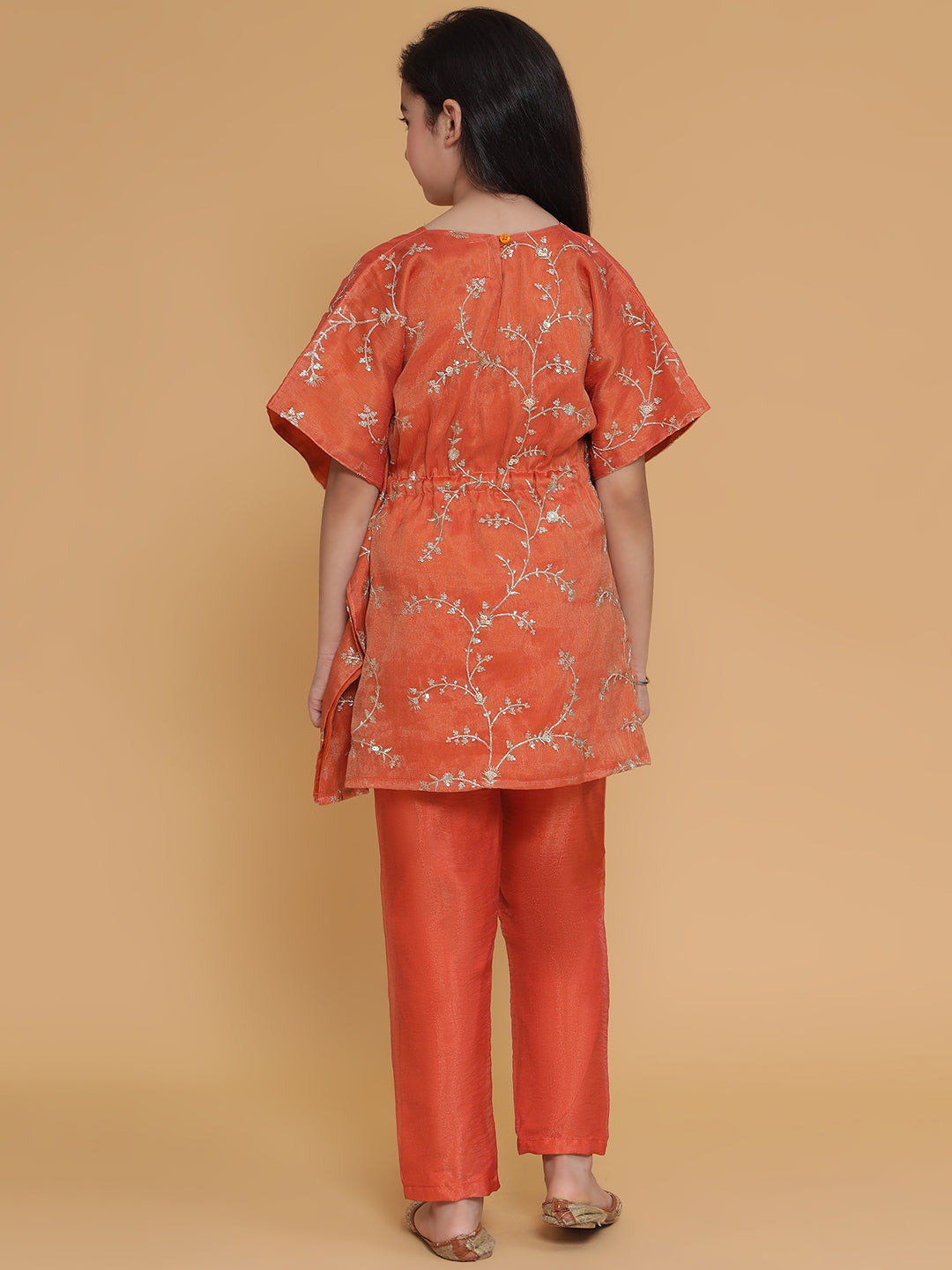 Piccolo-Tissue Kaftan Set With Pants- Orange