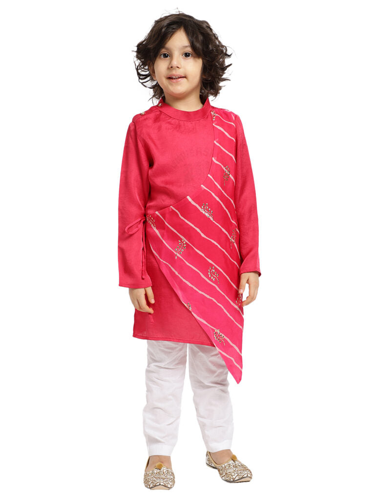 Pink Lehriya Panel Kurta With White Payjama Set